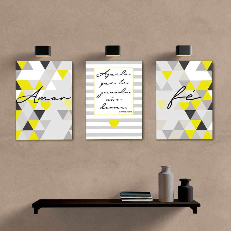 Kit Quadros Decorativos Amor e Fé Amarelo - quadro decorativo em ambiente decorado