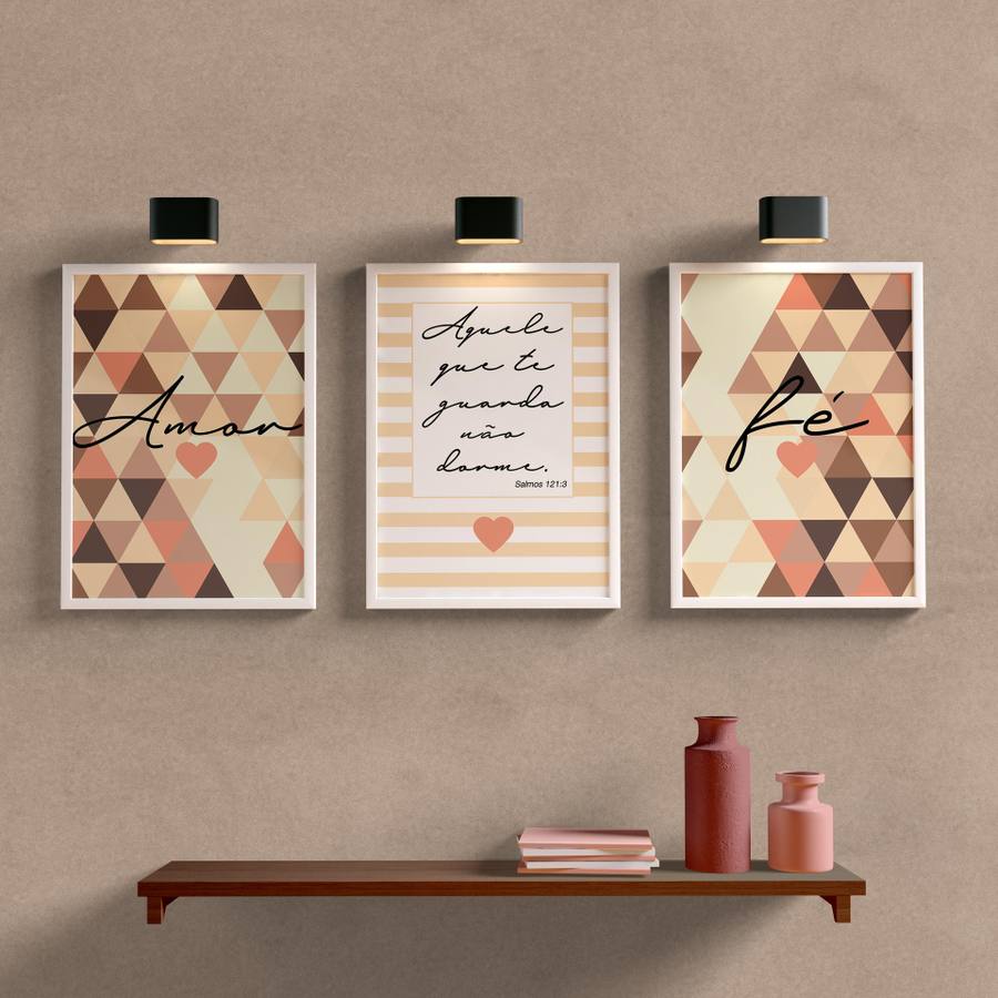 Kit Quadros Decorativos Amor e Fé Bege e Marrom - detalhe da moldura e acabamento