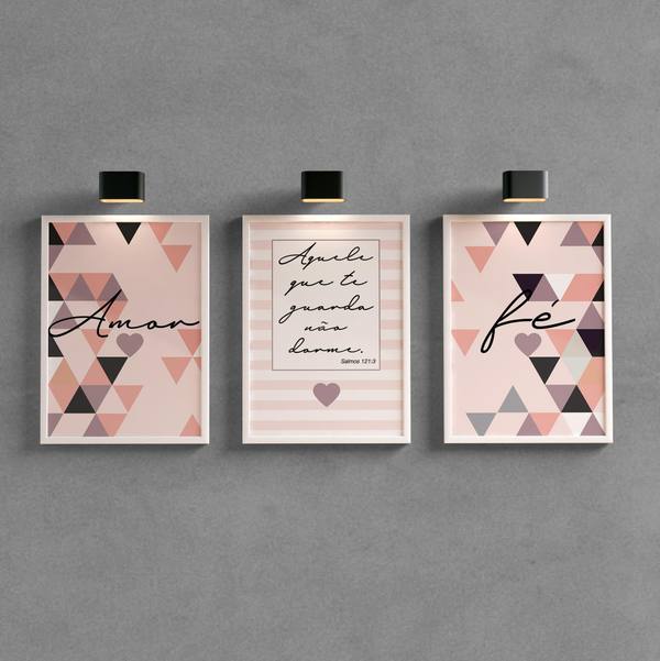 Kit Quadros Decorativos Amor e Fé Rosa | Wallze