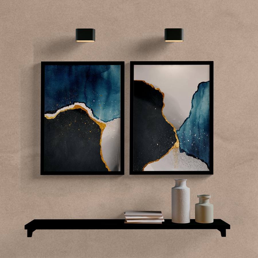 Kit Quadros Decorativos Abstrato Azul e Preto - quadro decorativo em ambiente decorado