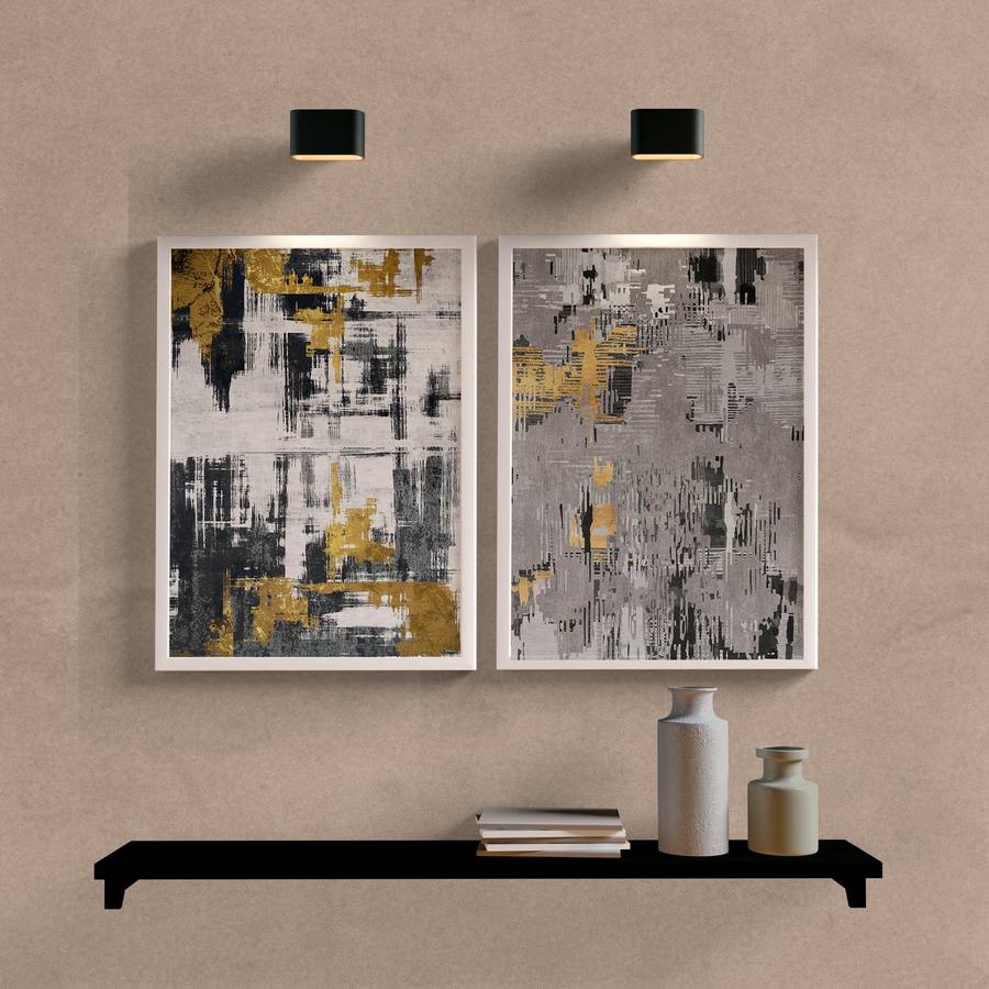 Kit Quadros Decorativos Abstrato Cinza e Dourado - detalhe da moldura e acabamento