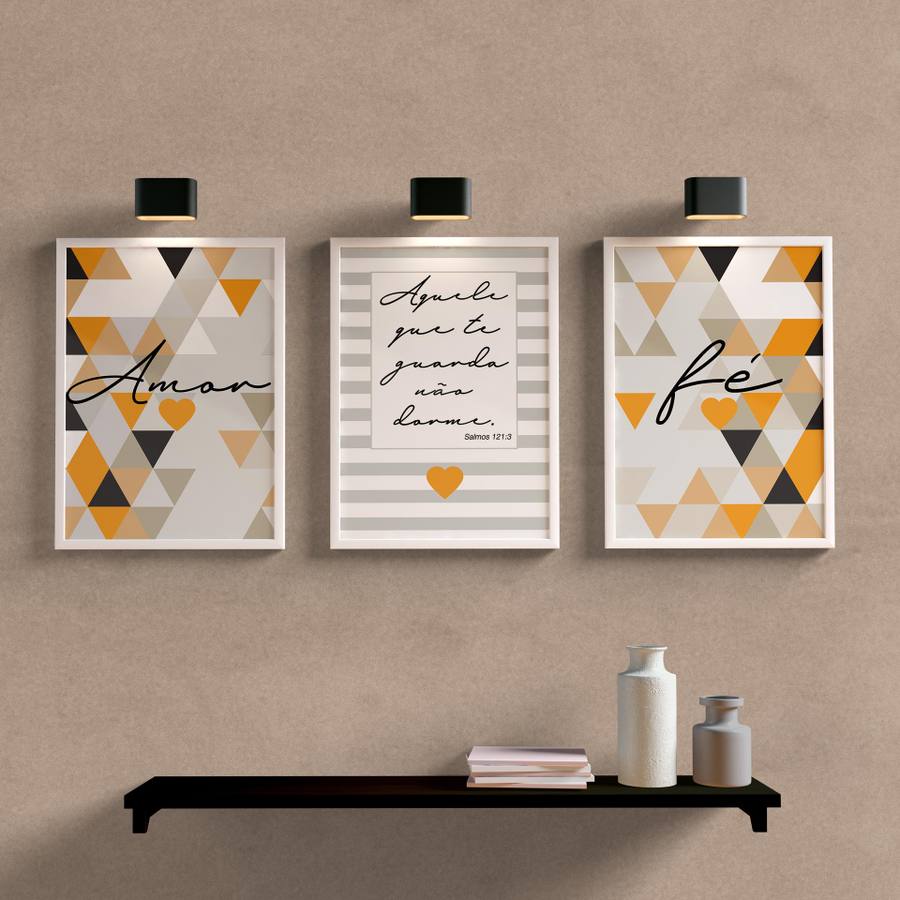 Kit Quadros Decorativos Amor e Fé Laranja | Wallze