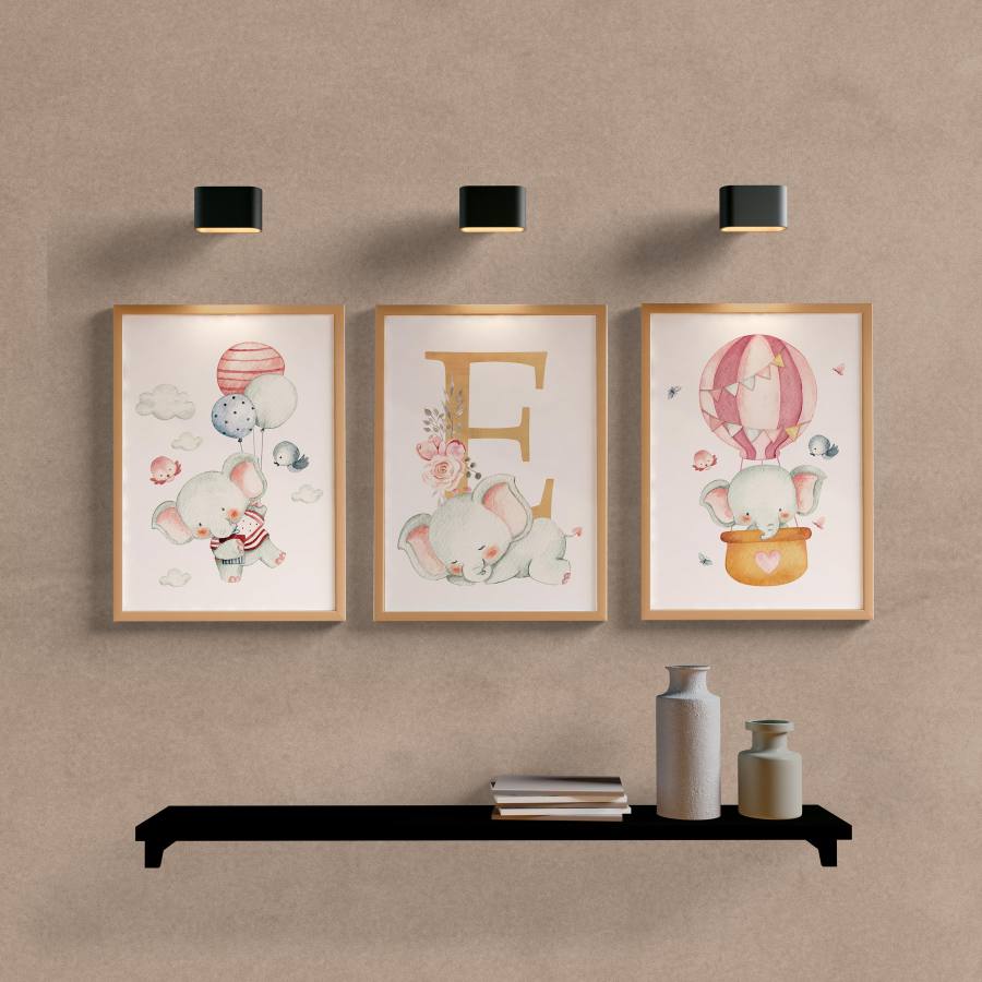 Kit Quadros Decorativos Infantil Elefante Aquarela - vista aproximada da impressão
