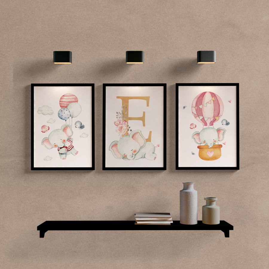 Kit Quadros Decorativos Infantil Elefante Aquarela - quadro decorativo em ambiente decorado