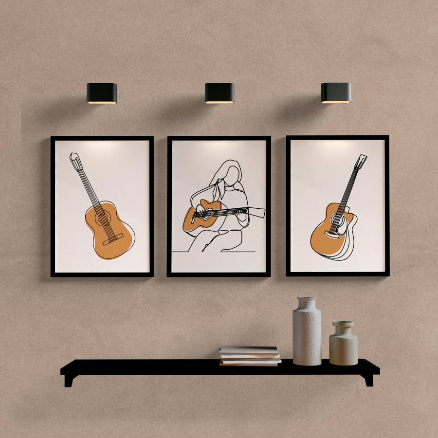 Kit Quadros Decorativos Minimal Violão - quadro decorativo em ambiente decorado