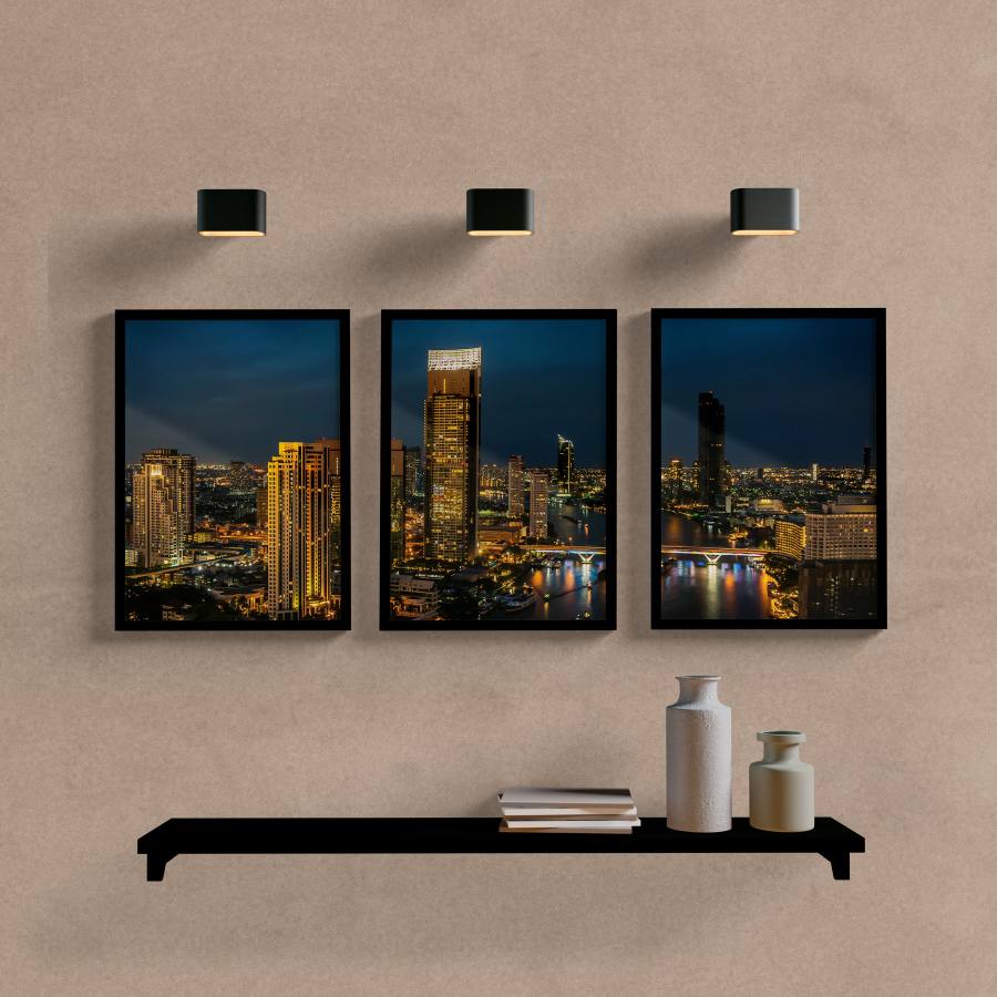 Kit Quadros Decorativos Paisagem Cidade Noite - quadro decorativo em ambiente decorado