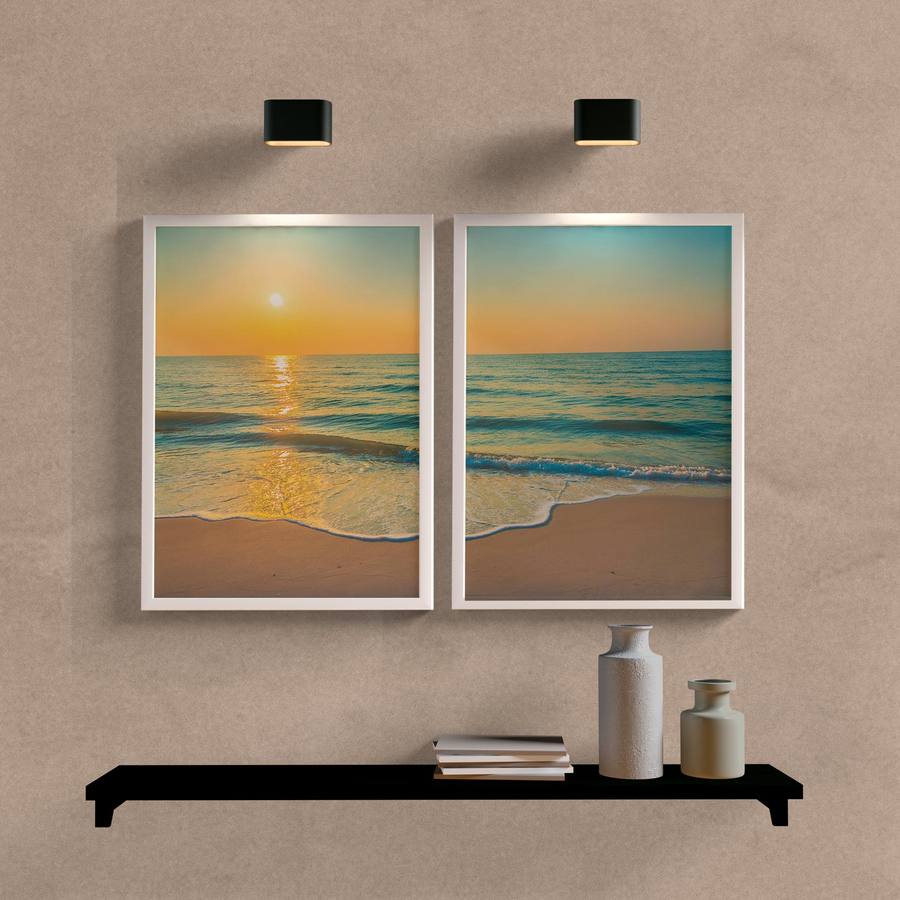 Kit Quadros Decorativos Paisagem Mar com Sol - detalhe da moldura e acabamento