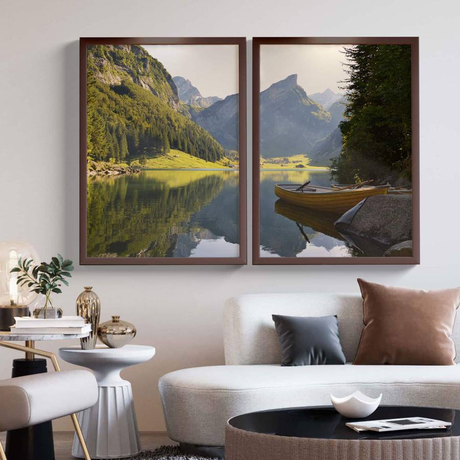 Kit Quadros decorativos Montanha barco e lago