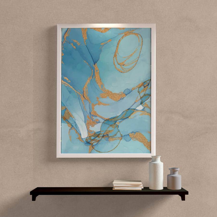Quadro Decorativo Abstrato Azul e Dourado - detalhe da moldura e acabamento