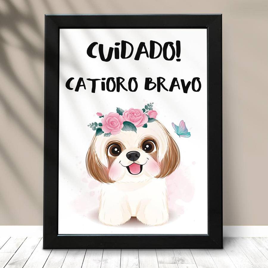 Quadro Decorativo Cuidado Catioro Bravo Shih-tzu - detalhe da moldura e acabamento
