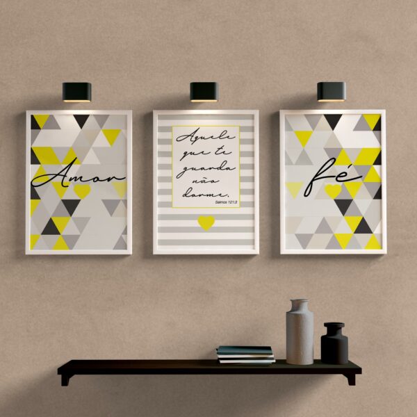 Kit Quadros Decorativos Amor e Fé Amarelo