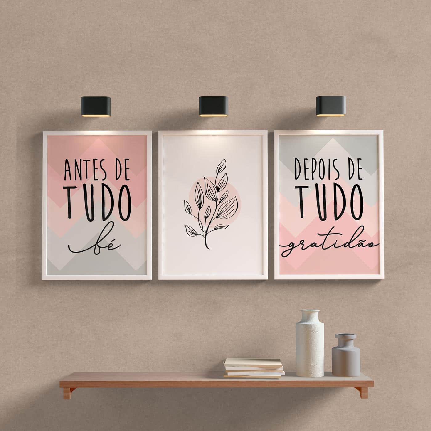 Kit Quadros Decorativos Gratidão Rosa e Cinza - Wallze